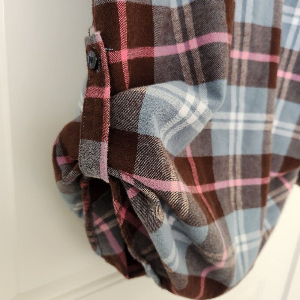 Matchstick Plaid Flannel Button-Up Shirt Blue Brown Pink Cabincore Woodsy Rustic - Picture 7 of 9